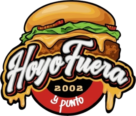 Logo de Hoyofuera: una hamburguesa con queso fundido y el lema «y punto»